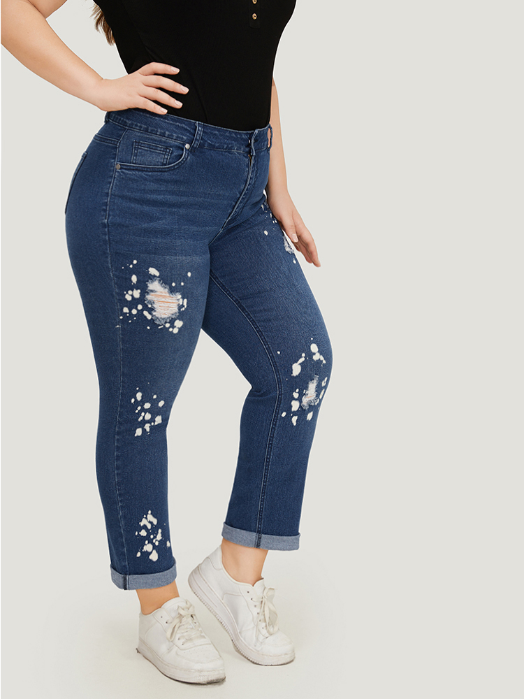 

Plus Size Paint Splatter Roll Distressed Medium Wash Jeans Women Blue Casual Plain Printed High stretch Pocket Jeans BloomChic