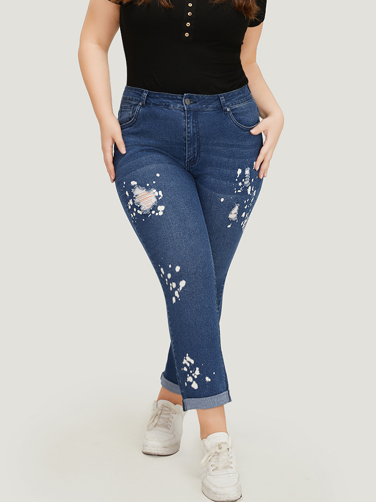 Plus Size Women Dailywear Printed High stretch Straight Leg Medium Wash Casual Jeans BloomChic 