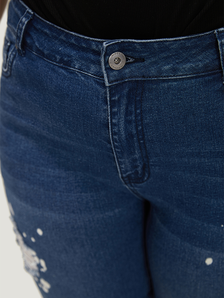 Plus Size Women Dailywear Printed High stretch Straight Leg Medium Wash Casual Jeans BloomChic 
