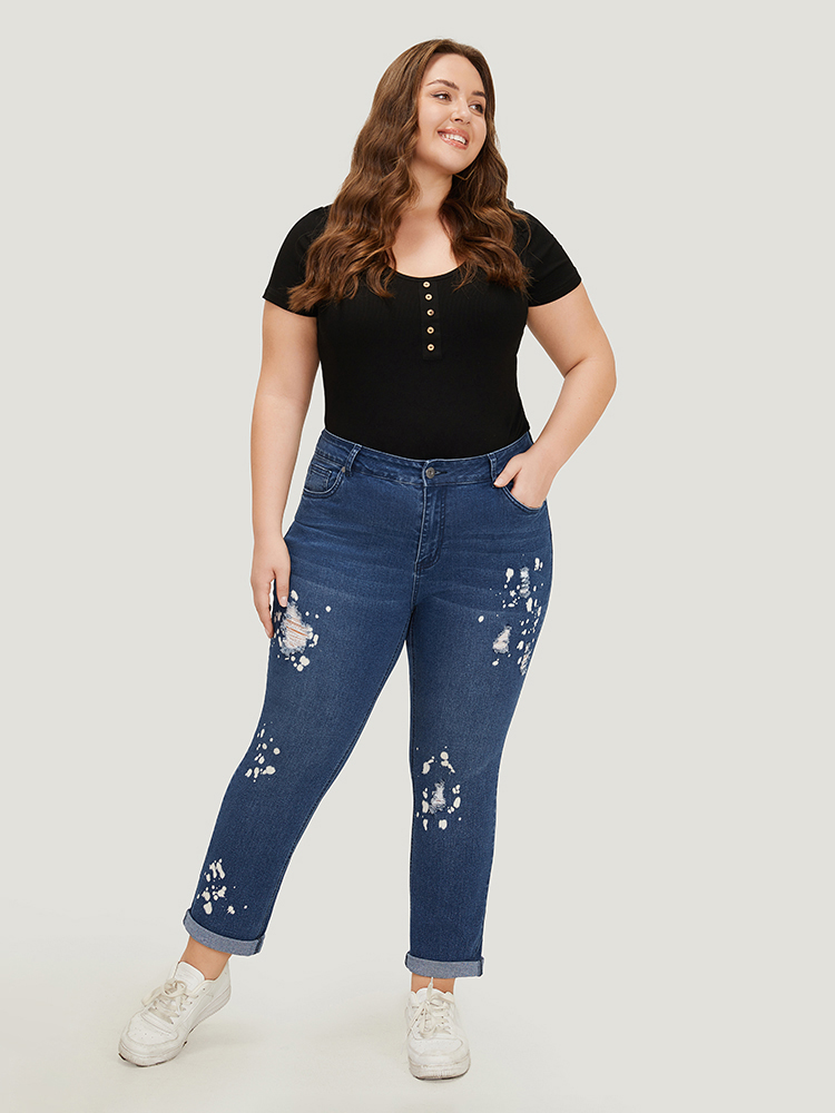 Plus Size Women Dailywear Printed High stretch Straight Leg Medium Wash Casual Jeans BloomChic 