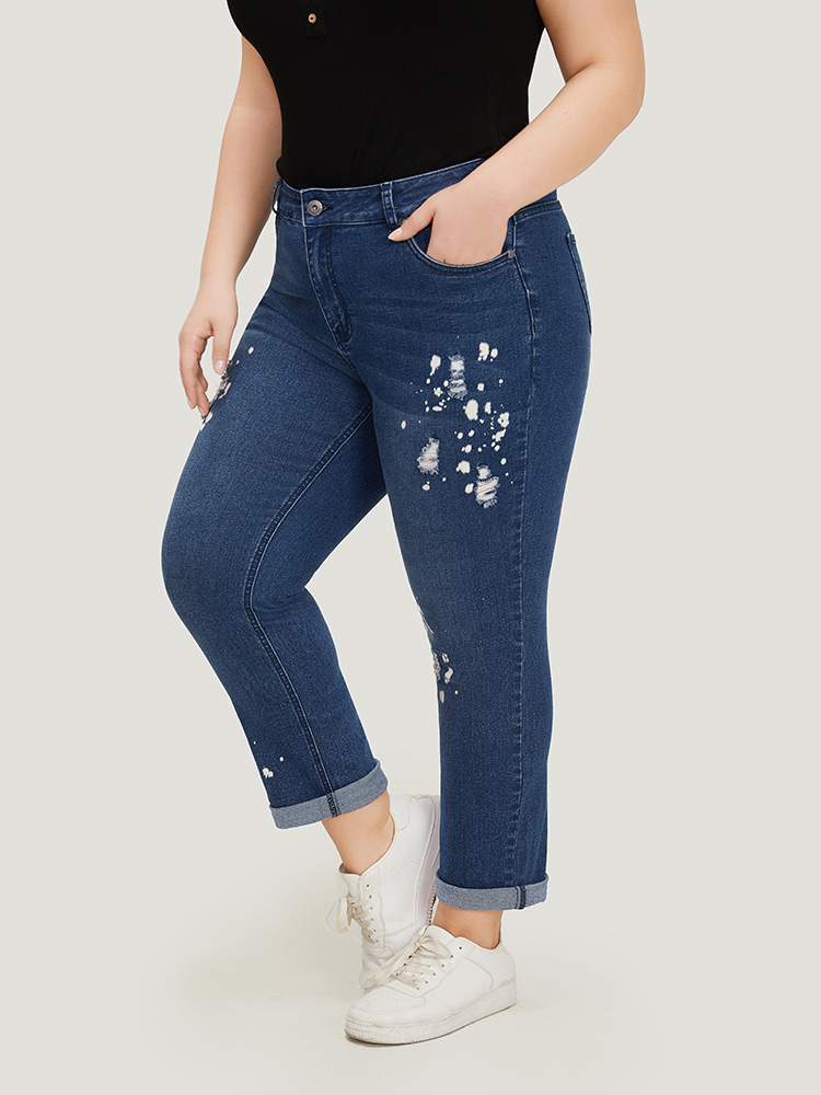 Plus Size Women Dailywear Printed High stretch Straight Leg Medium Wash Casual Jeans BloomChic 