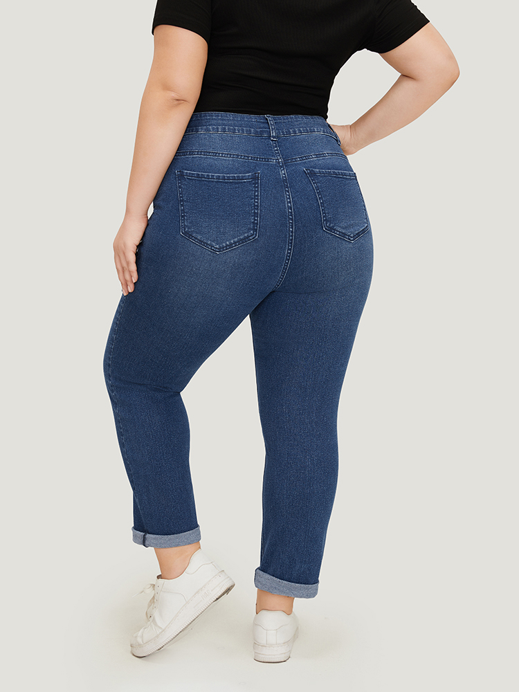 Plus Size Women Dailywear Printed High stretch Straight Leg Medium Wash Casual Jeans BloomChic 