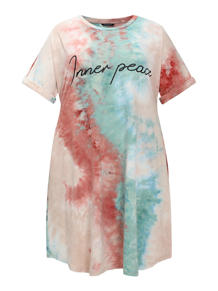 Plus Size Letter Print Pocket Tie Dye Cuffed Sleeve Dress Multicolor Women Casual Printed Curvy Midi Dress BloomChic 22-24/3X 