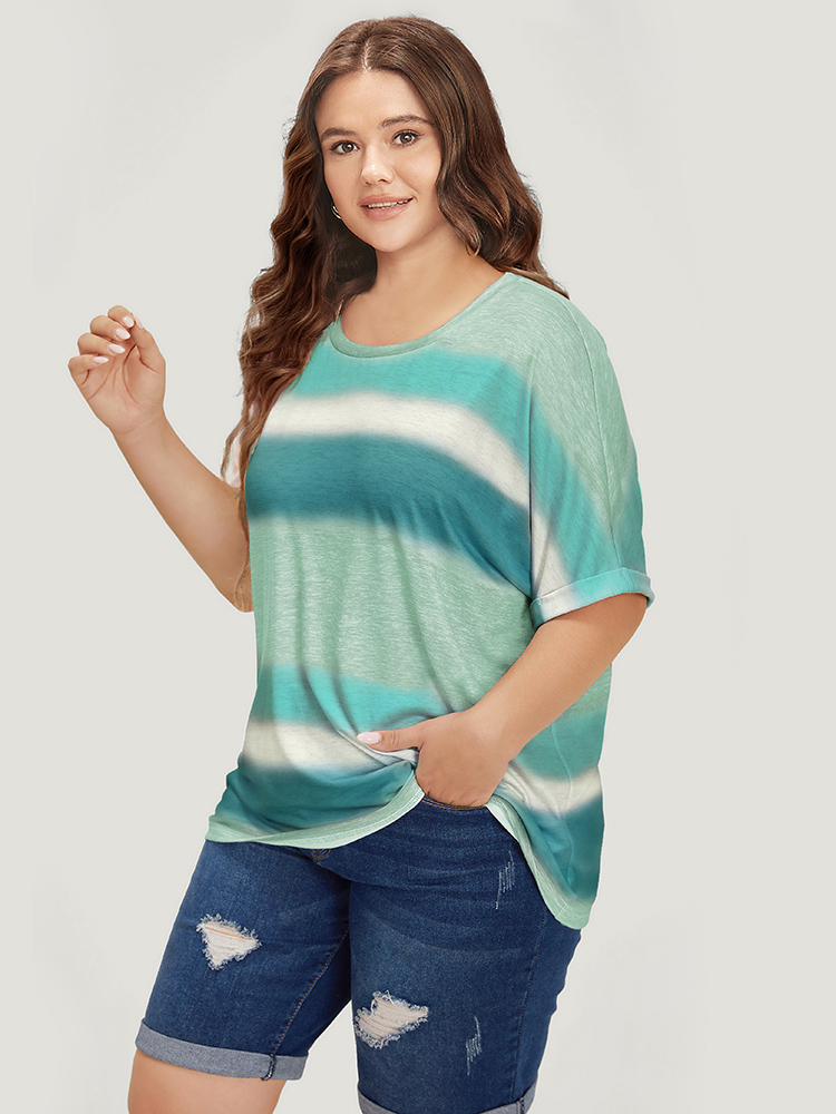 

Plus Size Striped Contrast Roll Dolman Sleeve T-shirt Teal Women Casual Contrast Striped Round Neck Everyday T-shirts BloomChic