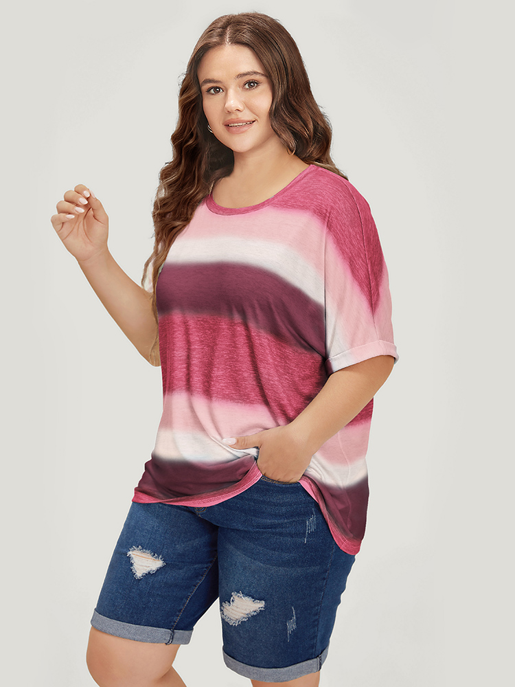 

Plus Size Striped Contrast Roll Dolman Sleeve T-shirt Burgundy Women Casual Contrast Striped Round Neck Everyday T-shirts BloomChic