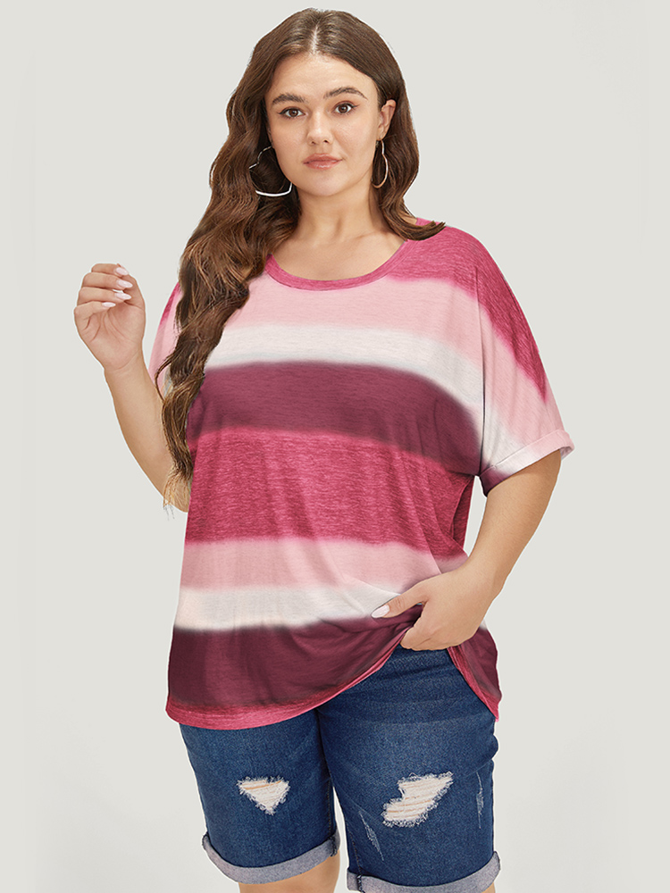 

Plus Size Striped Contrast Roll Dolman Sleeve T-shirt Burgundy Women Casual Contrast Striped Round Neck Everyday T-shirts BloomChic