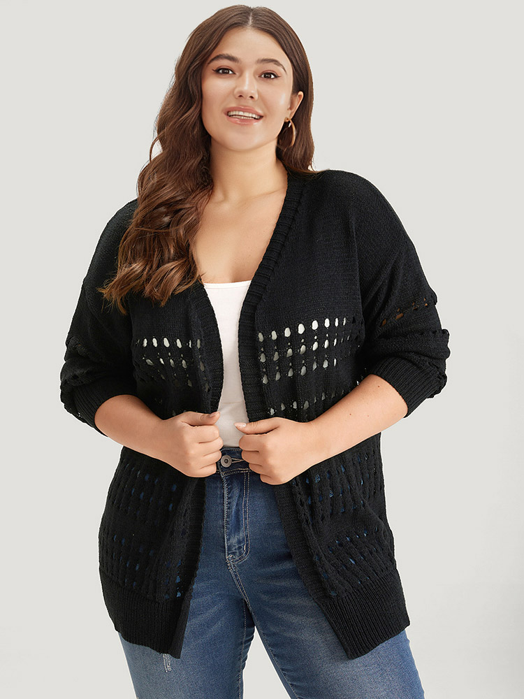 

Plus Size Plain Hollow Out Open Front Cardigan Black Women Casual Long Sleeve Dailywear Cardigans BloomChic