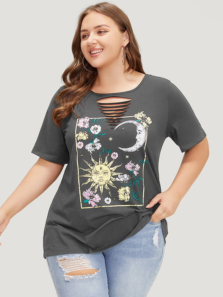 

Plus Size Horoscope Print Crew Neck Graphic Cut Out T-shirt Gray Women Casual Printed Tarot elements Dailywear T-shirts BloomChic