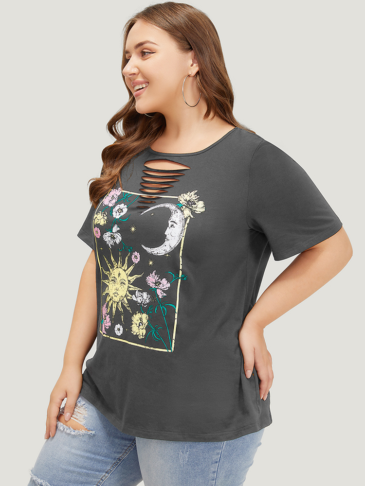 

Plus Size Horoscope Print Crew Neck Graphic Cut Out T-shirt Gray Women Casual Printed Tarot elements Round Neck Dailywear T-shirts BloomChic