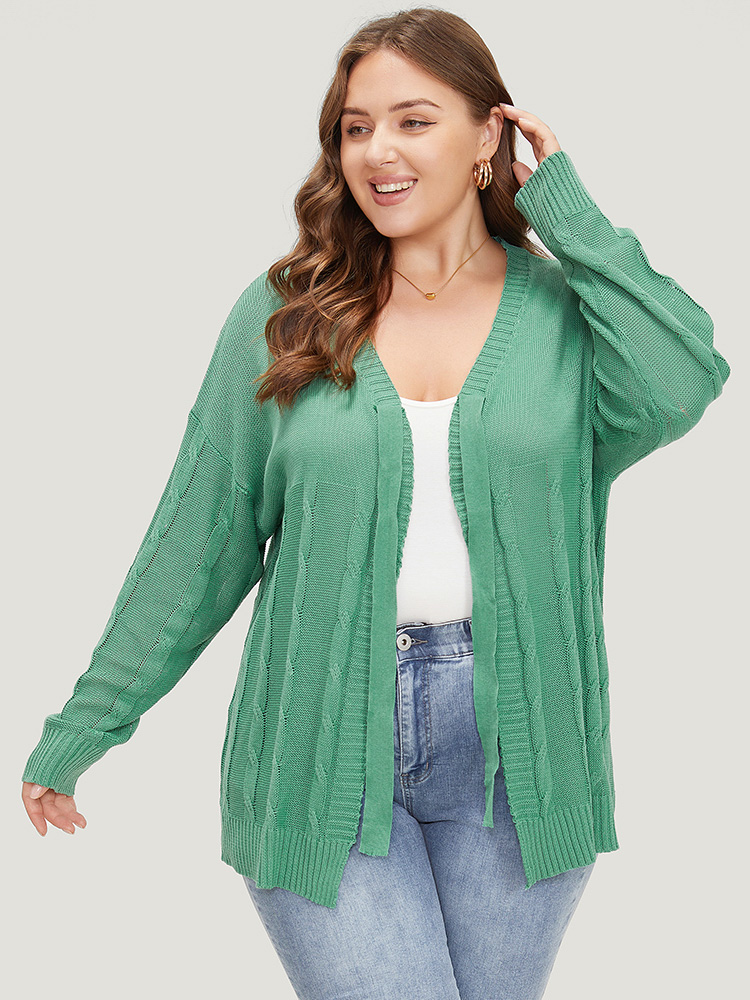 

Plus Size Solid Ties Front Cable Knit Cardigan Green Women Casual Long Sleeve Dailywear Cardigans BloomChic