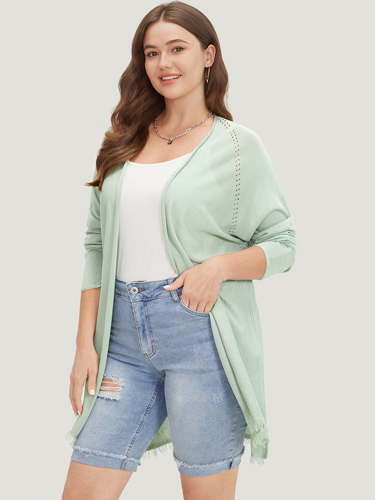 

Plus Size Solid Open Front Fringe Trim Cardigan LightGreen Women Casual Long Sleeve Everyday Cardigans BloomChic
