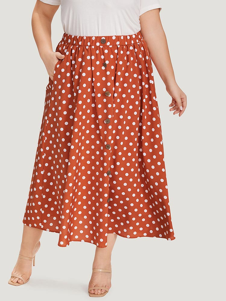 

Plus Size Polka Dot Pocket Button Detail Ruffle Hem Skirt Women Coral Elegant Button No stretch Pocket Dailywear Skirts BloomChic