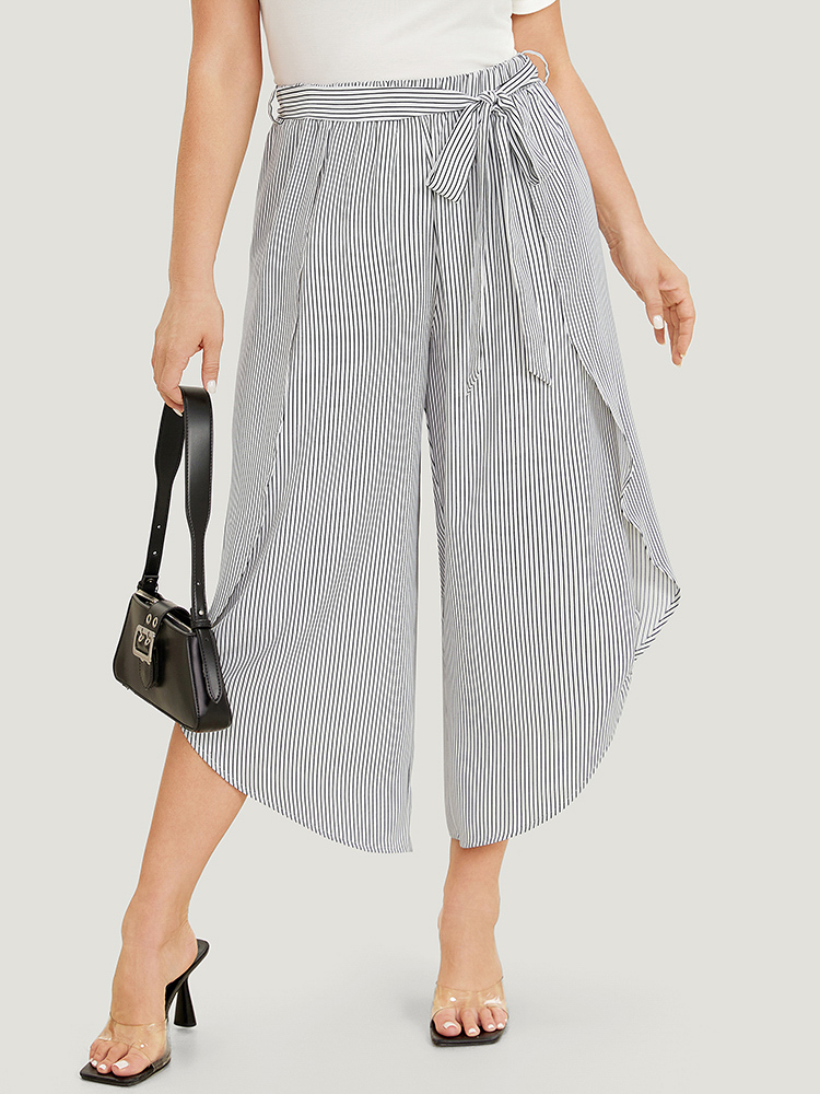 Plus Size Women Work Striped Belted High Rise Pocket Belt Office Pants BloomChic 