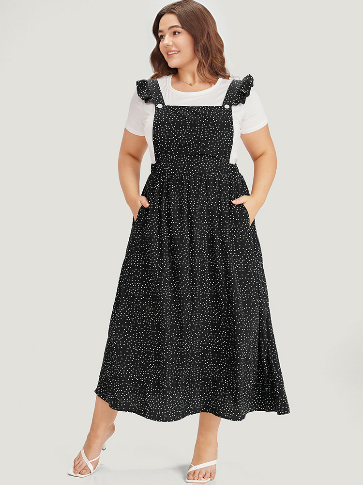 

Plus Size Polka Dot Pocket Flutter Trim Overall Dress Black Women Casual Elastic Waist Spaghetti Strap Sleeveless Curvy Midi Dress BloomChic