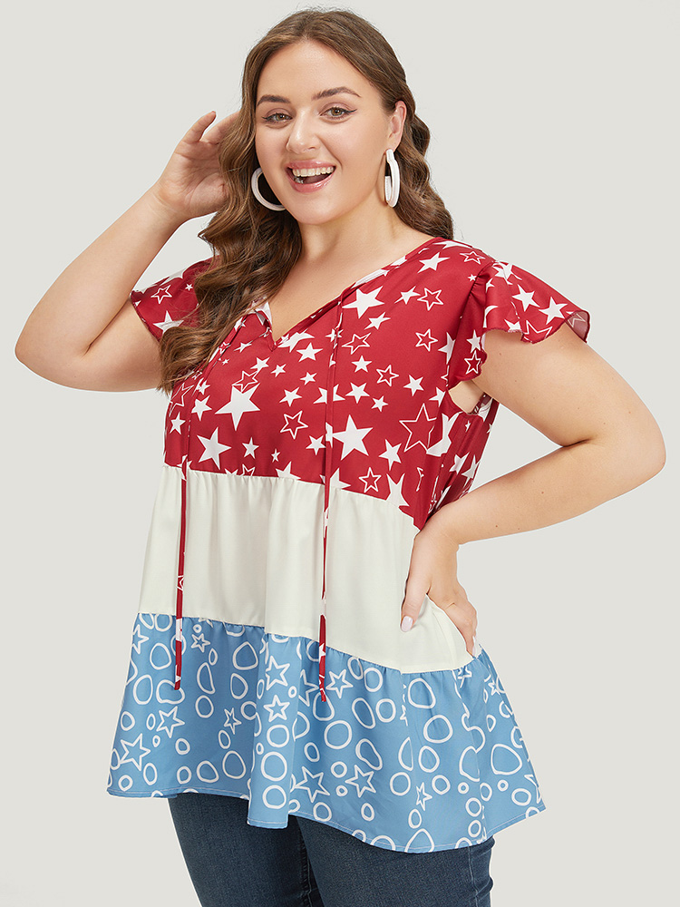 Plus Size Multicolor Star & Geo Graphic Knot Neck Patchwork Blouse Women Elegant Cap Sleeve Tie Neck Dailywear Blouses BloomChic 18-20/2X 