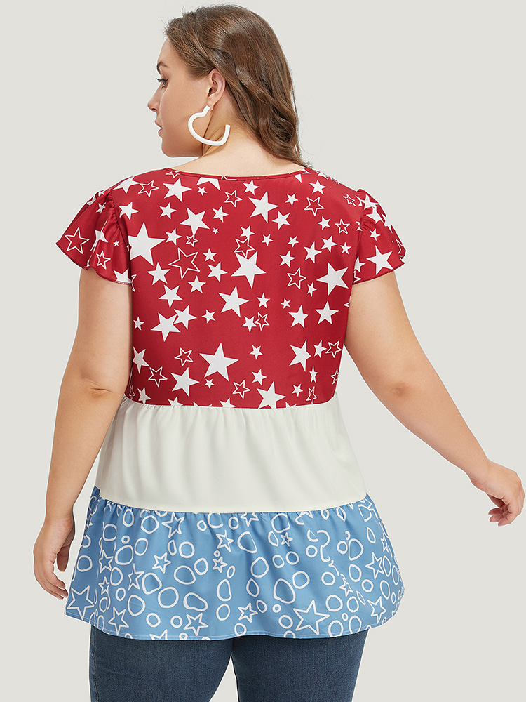 Plus Size Multicolor Star & Geo Graphic Knot Neck Patchwork Blouse Women Elegant Cap Sleeve Tie Neck Dailywear Blouses BloomChic 18-20/2X 