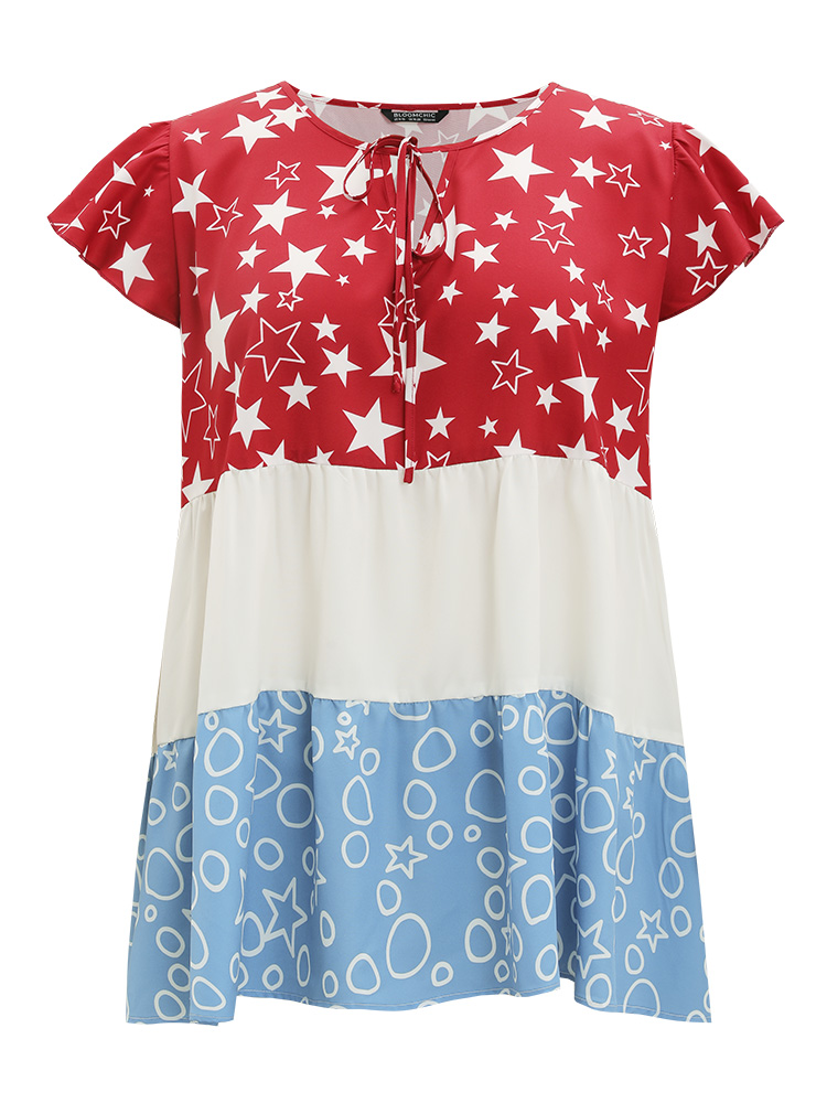 Plus Size Multicolor Star & Geo Graphic Knot Neck Patchwork Blouse Women Elegant Cap Sleeve Tie Neck Dailywear Blouses BloomChic 18-20/2X 