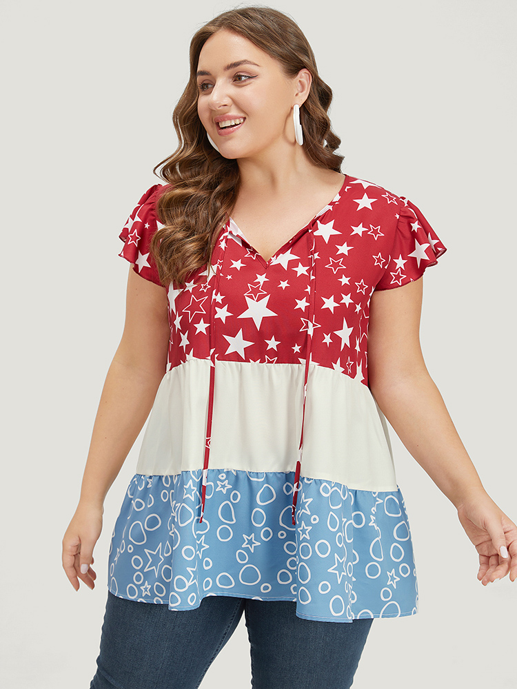Plus Size Multicolor Star & Geo Graphic Knot Neck Patchwork Blouse Women Elegant Cap Sleeve Tie Neck Dailywear Blouses BloomChic 18-20/2X 