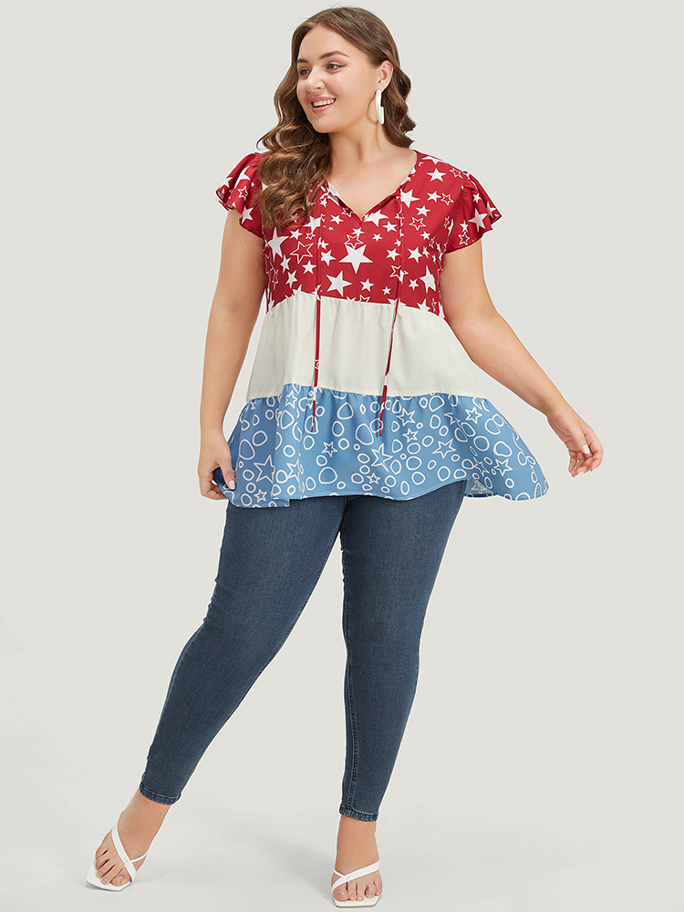 Plus Size Multicolor Star & Geo Graphic Knot Neck Patchwork Blouse Women Elegant Cap Sleeve Tie Neck Dailywear Blouses BloomChic 18-20/2X 