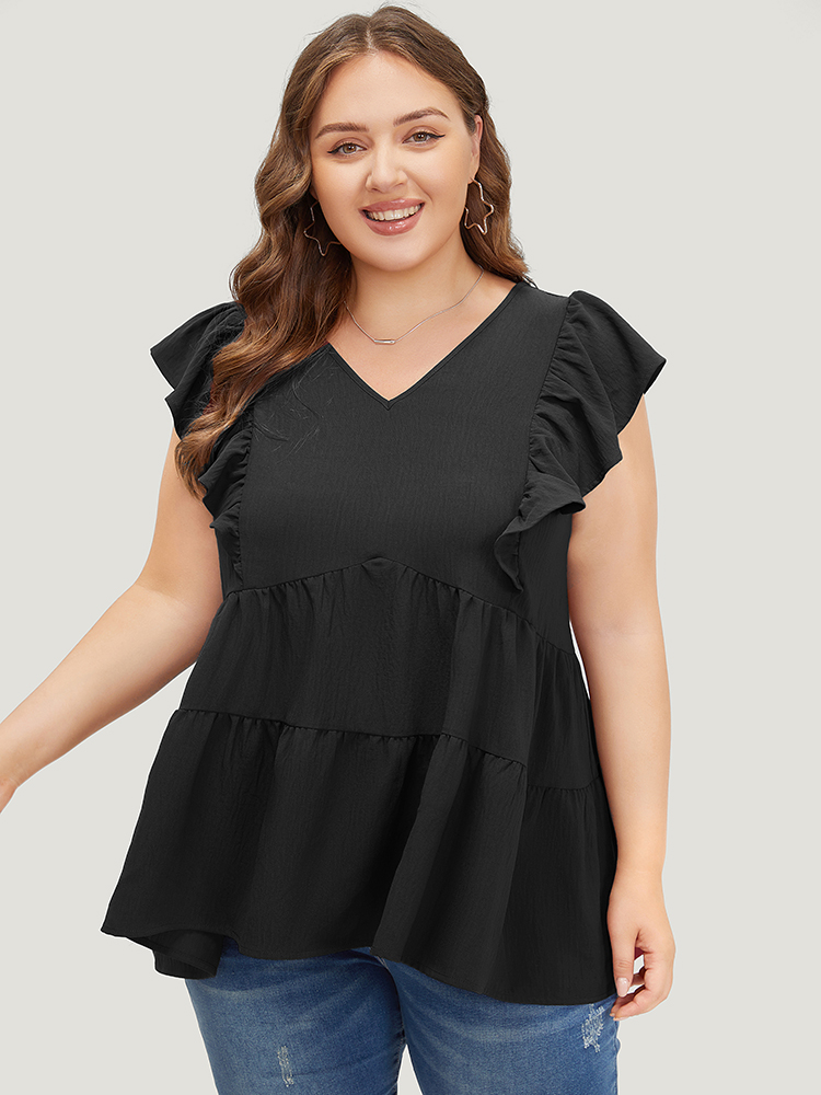 

Plus Size Black Solid Layered Hem Ruffle Cap Sleeve Blouse Women Elegant Cap Sleeve V-neck Everyday Blouses BloomChic