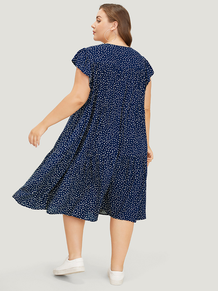 

Plus Size Polka Dot Pocket Cap Sleeve Gathered Layered Dress Navy Women Casual Gathered Round Neck Cap Sleeve Curvy Midi Dress BloomChic