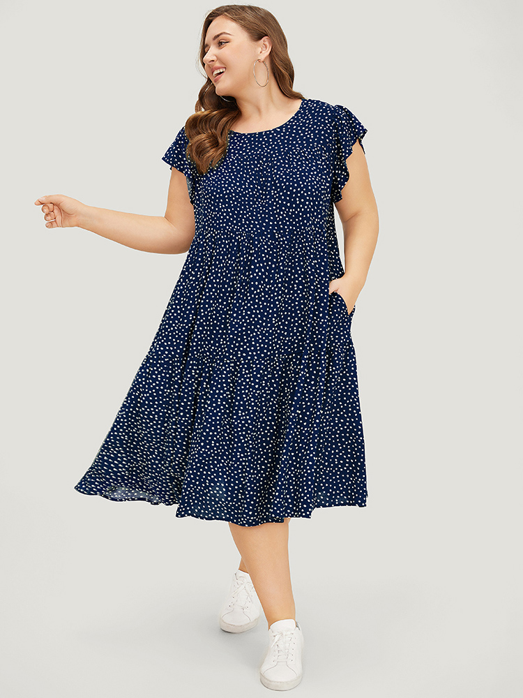 

Plus Size Polka Dot Pocket Cap Sleeve Gathered Layered Dress Navy Women Casual Gathered Round Neck Cap Sleeve Curvy Midi Dress BloomChic