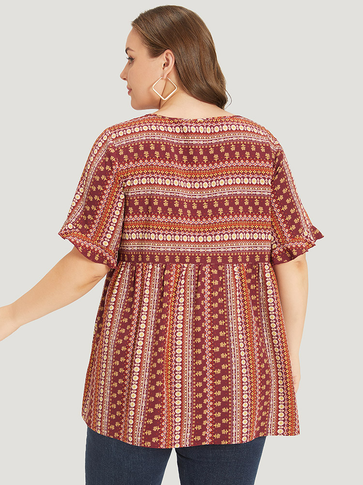 Plus Size Russet Bandana Patchwork Ruffle Sleeve Blouse Women Vacation Short sleeve Round Neck Dailywear Blouses BloomChic 28/5X 