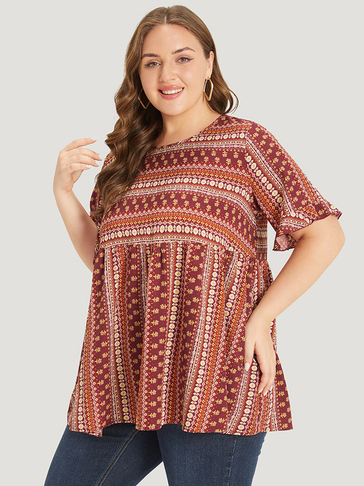 Plus Size Russet Bandana Patchwork Ruffle Sleeve Blouse Women Vacation Short sleeve Round Neck Dailywear Blouses BloomChic 28/5X 