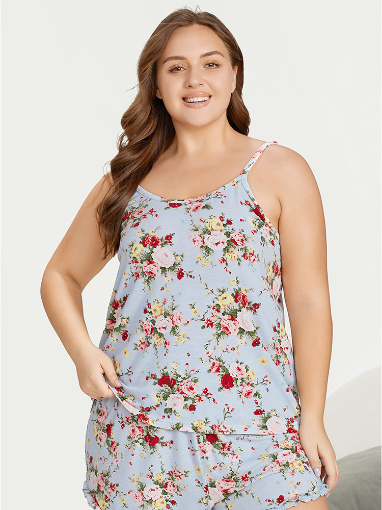 

Plus Size Floral Print Crew Neck Sleep Cami Top Multicolor Floral Sleeveless Round Neck Dailywear Elegant  Bloomchic