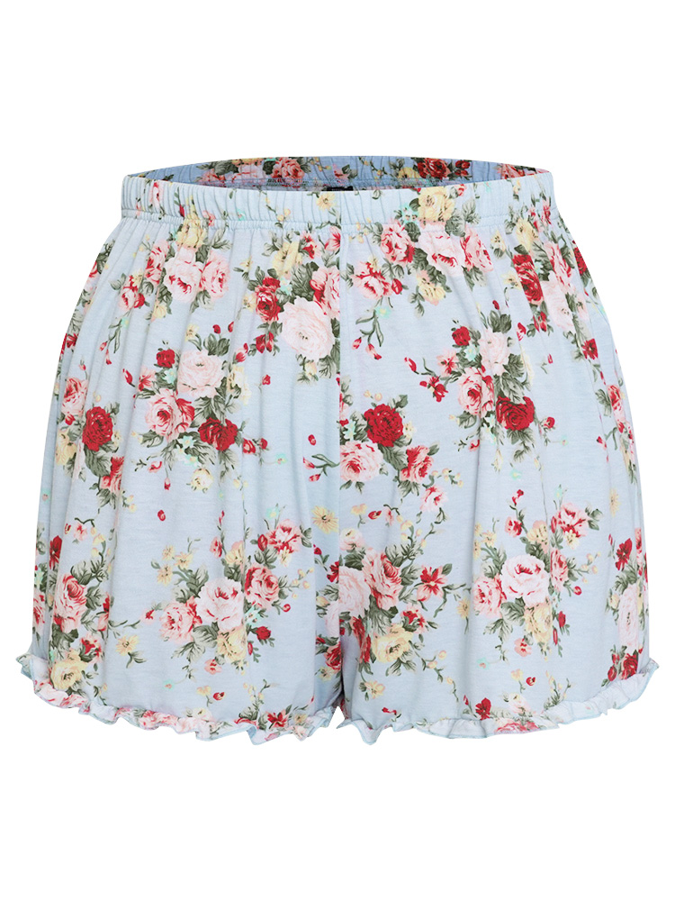 Plus Size Floral Print Elastic Waist Frill Trim Sleep Shorts Women Multicolor Elegant Floral Ruffles Round Neck Loungewear BloomChic 10/M 