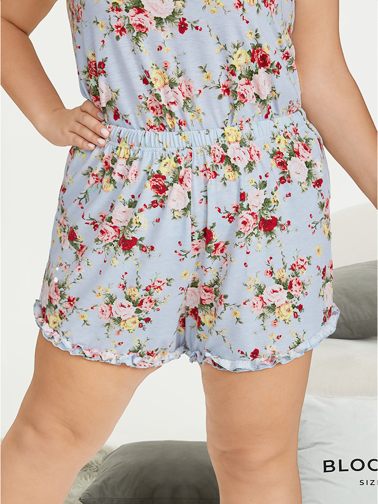 

Plus Size Floral Print Elastic Waist Frill Trim Sleep Shorts Women Multicolor Elegant Floral Ruffles Round Neck Loungewear BloomChic