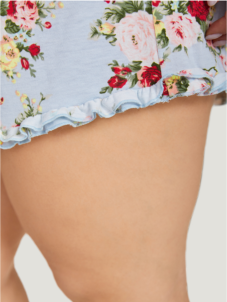 Plus Size Floral Print Elastic Waist Frill Trim Sleep Shorts Women Multicolor Elegant Floral Ruffles Round Neck Loungewear BloomChic 10/M 