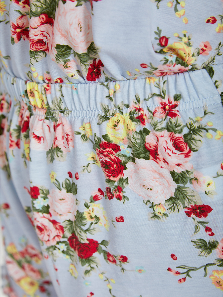 Plus Size Floral Print Elastic Waist Frill Trim Sleep Shorts Women Multicolor Elegant Floral Ruffles Round Neck Loungewear BloomChic 10/M 