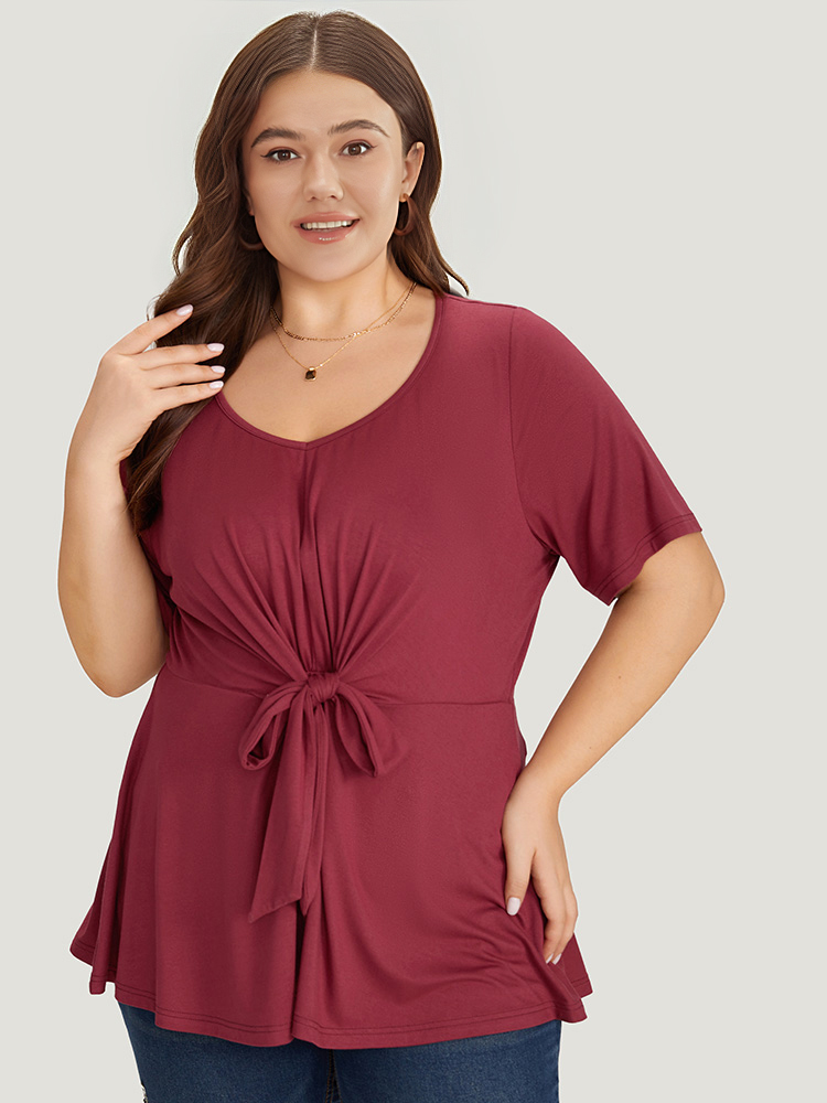 

Plus Size Solid Twist Front Flutter Hem T-shirt Russet Round Neck Short sleeve Elegant Jersey Tops