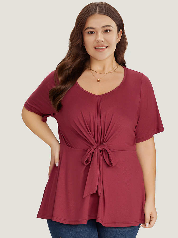 

Plus Size Solid Twist Front Flutter Hem T-shirt Russet Women Elegant Cross straps Plain Round Neck Dailywear T-shirts BloomChic