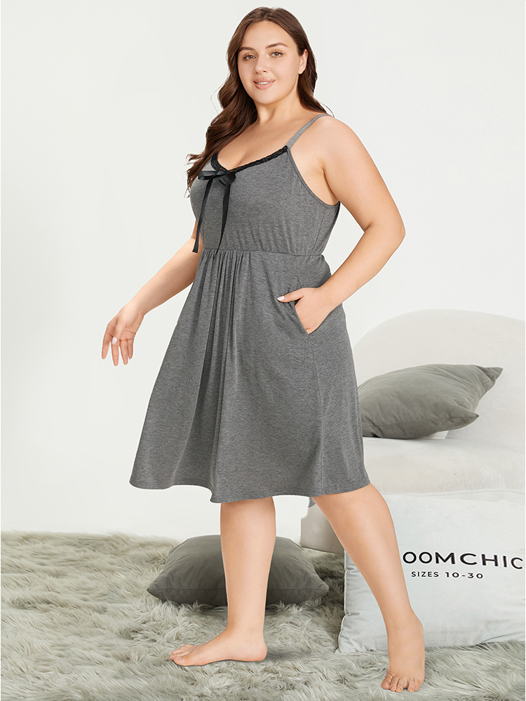 Plain Bowknot Pocket Lace Patchwork Night Dress BloomChic 