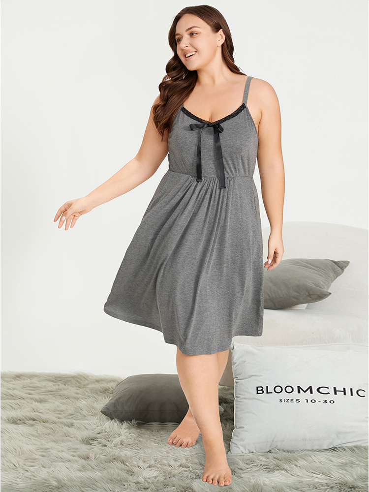 Plain Bowknot Pocket Lace Patchwork Night Dress BloomChic 
