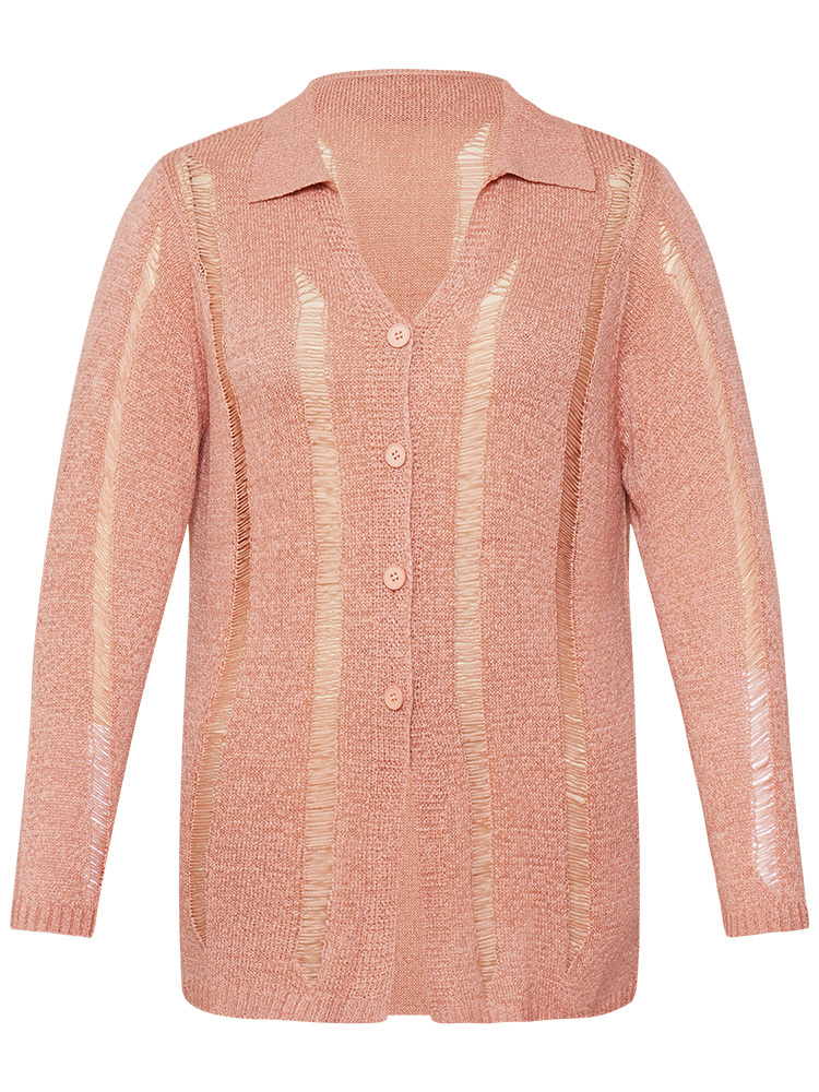 

Plus Size Solid Lapel Collar Button Up Mesh Cardigan Crepe Women Casual Bodycon Long Sleeve Work Cardigans BloomChic