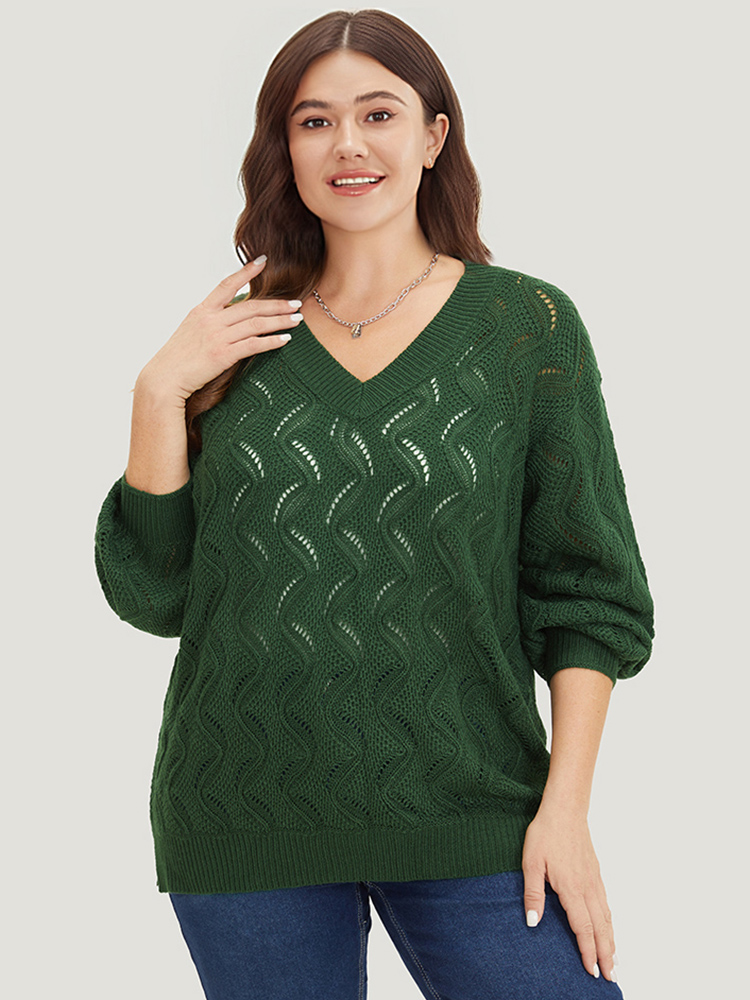 

Plus Size Plain Hollow Out V Neck Pullover DarkGreen Women Casual Loose Long Sleeve V-neck Everyday Pullovers BloomChic