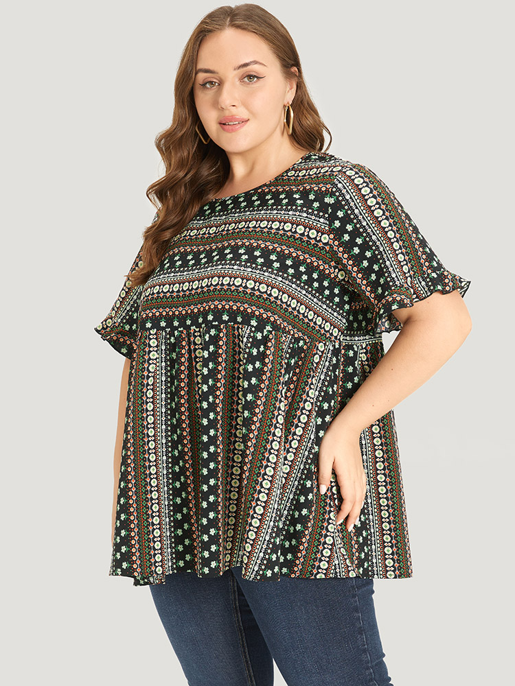 Plus Size Multicolor Bandana Patchwork Ruffle Sleeve Blouse Women Vacation Short sleeve Round Neck Dailywear Blouses BloomChic 30/6X 