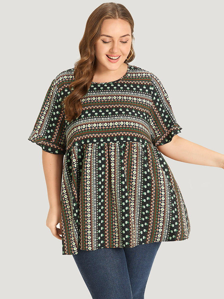 

Plus Size Multicolor Bandana Patchwork Ruffle Sleeve Blouse Women Vacation Short sleeve Round Neck Dailywear Blouses BloomChic