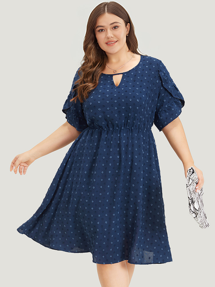 Plus Size Women Work Plain Cut-Out Ruffle Sleeve Short sleeve Round Neck Pocket Office Dresses BloomChic 