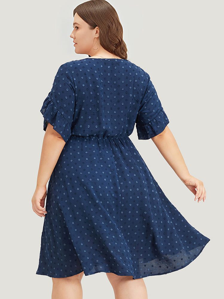 Plus Size Women Work Plain Cut-Out Ruffle Sleeve Short sleeve Round Neck Pocket Office Dresses BloomChic 