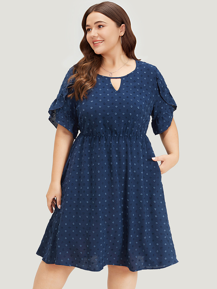 Plus Size Women Work Plain Cut-Out Ruffle Sleeve Short sleeve Round Neck Pocket Office Dresses BloomChic 