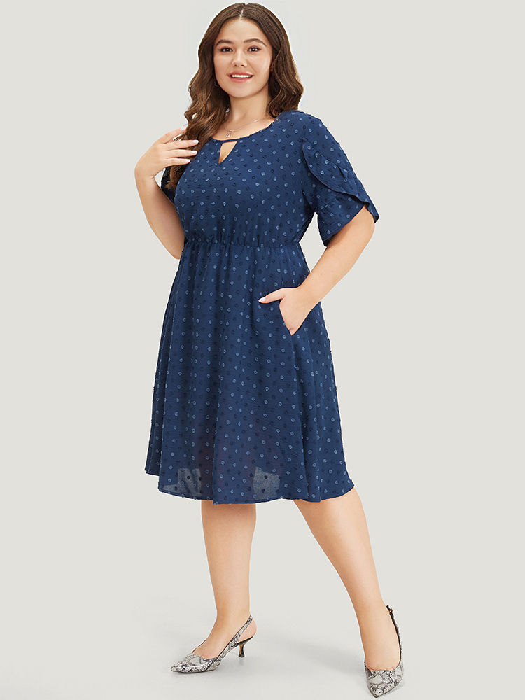 Plus Size Women Work Plain Cut-Out Ruffle Sleeve Short sleeve Round Neck Pocket Office Dresses BloomChic 