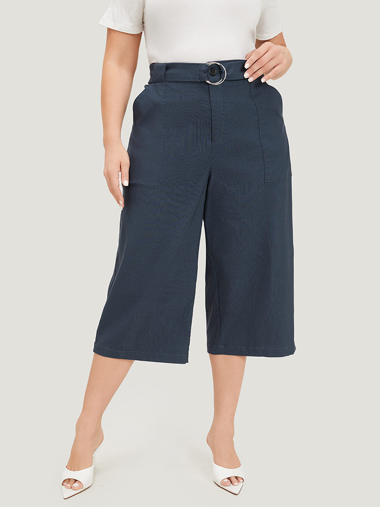 

Plus Size Solid Belted Pocket Cropped Loose Pants Women Indigo Office Straight Leg High Rise Work Pants BloomChic