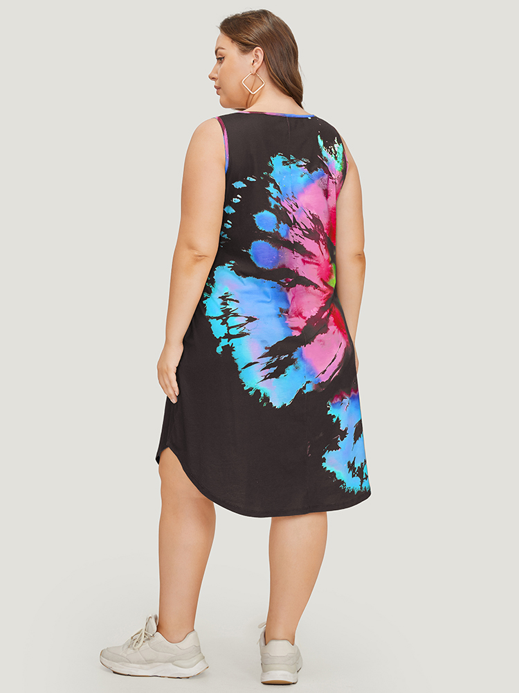 

Plus Size Tie Dye Notched Pocket Arc Hem Tank Dress Multicolor Women Casual Arc Hem Notched collar Sleeveless Curvy Midi Dress BloomChic