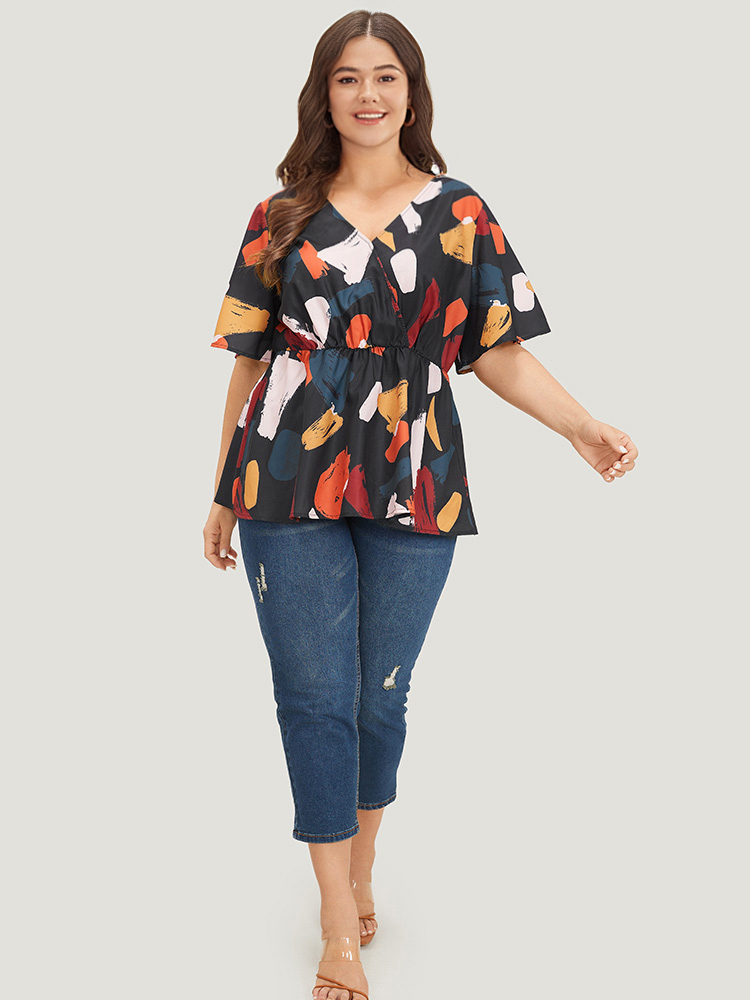 

Plus Size Multicolor Colorblock Surplice Neck Ruffle Elastic Waist Blouse Women Elegant Short sleeve V-neck Dailywear Blouses BloomChic