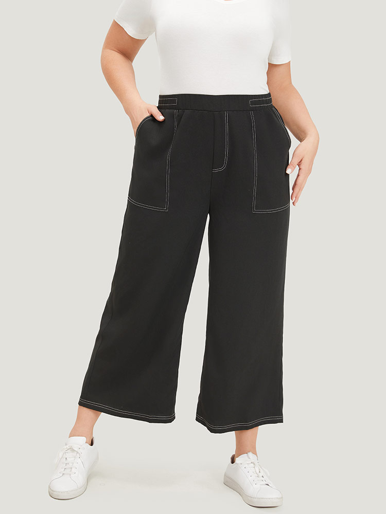 

Plus Size Plain Stitch Slant Pocket High Rise Pants Women Black Elegant Straight Leg High Rise Dailywear Pants BloomChic