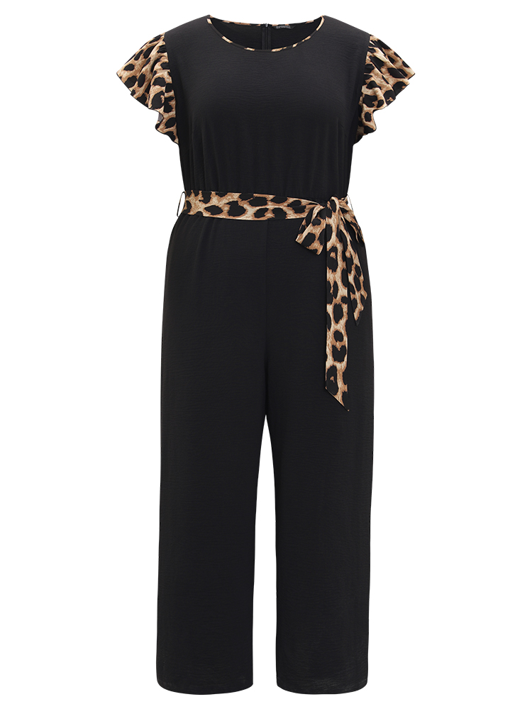 Plus Size Black Leopard Patchwork Pocket Belted Ruffle Sleeve Jumpsuit Women Office Sleeveless Round Neck Work Loose Jumpsuits BloomChic 18-20/2X 